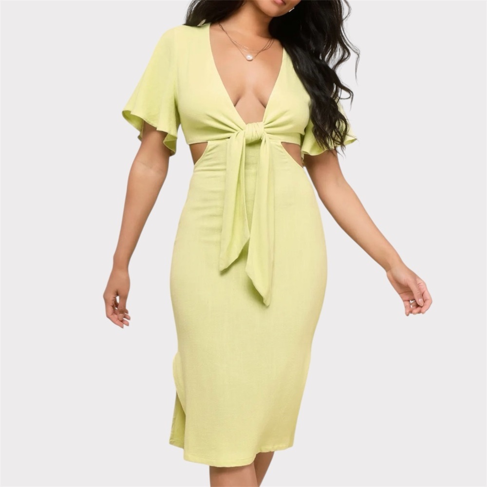 Lulu’s Summer Journey Light Green Tie-Front Cutout Midi Dress Size Medium Linen